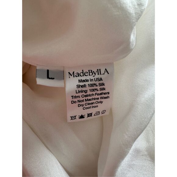NWT MadeByIla One Shoulder Feather Trim Open Back Silk Emma Gown White $1200 - Picture 13 of 15